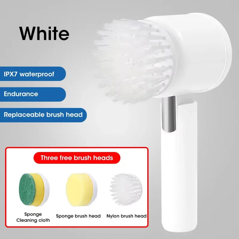 Electric Spin Dish Scrubber – Rechargeable Bathroom Power Cleaning Brush with 5 Replaceable Heads