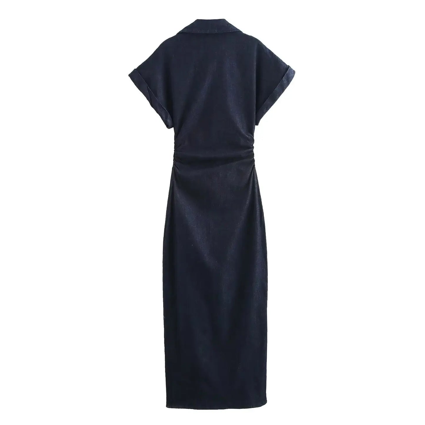 ETJ 2025 Denim MIDI Dress – Slim Fit, Lapel Collar & Side Zipper, Wrinkle-Resistant