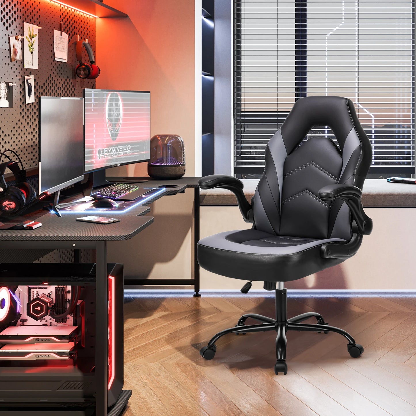 JHK Ergonomic Gaming & Office Chair – Adjustable PU Leather Racing Seat with Flip-Up Armrests | Ideal for Home, Work & Christmas Gift