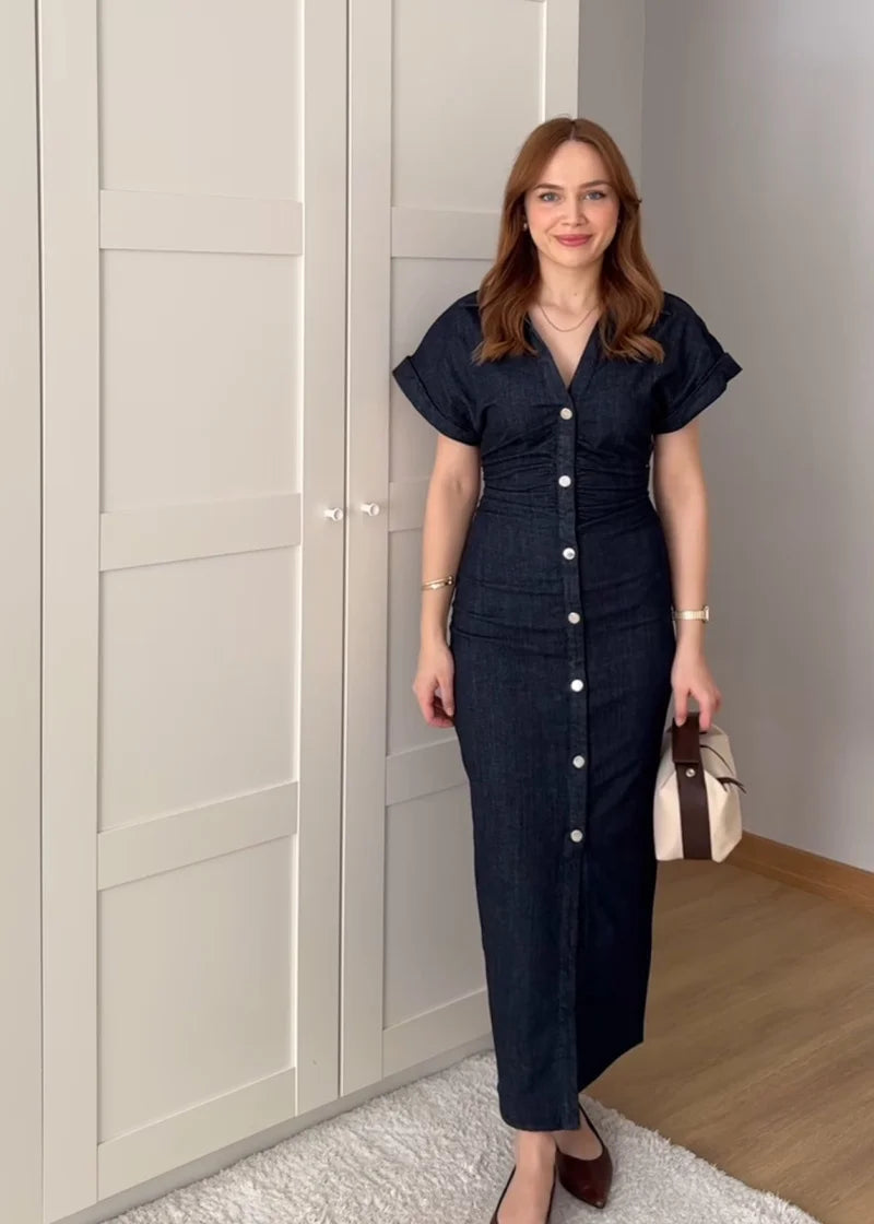 ETJ 2025 Denim MIDI Dress – Slim Fit, Lapel Collar & Side Zipper, Wrinkle-Resistant