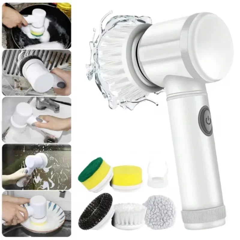 Electric Spin Dish Scrubber – Rechargeable Bathroom Power Cleaning Brush with 5 Replaceable Heads