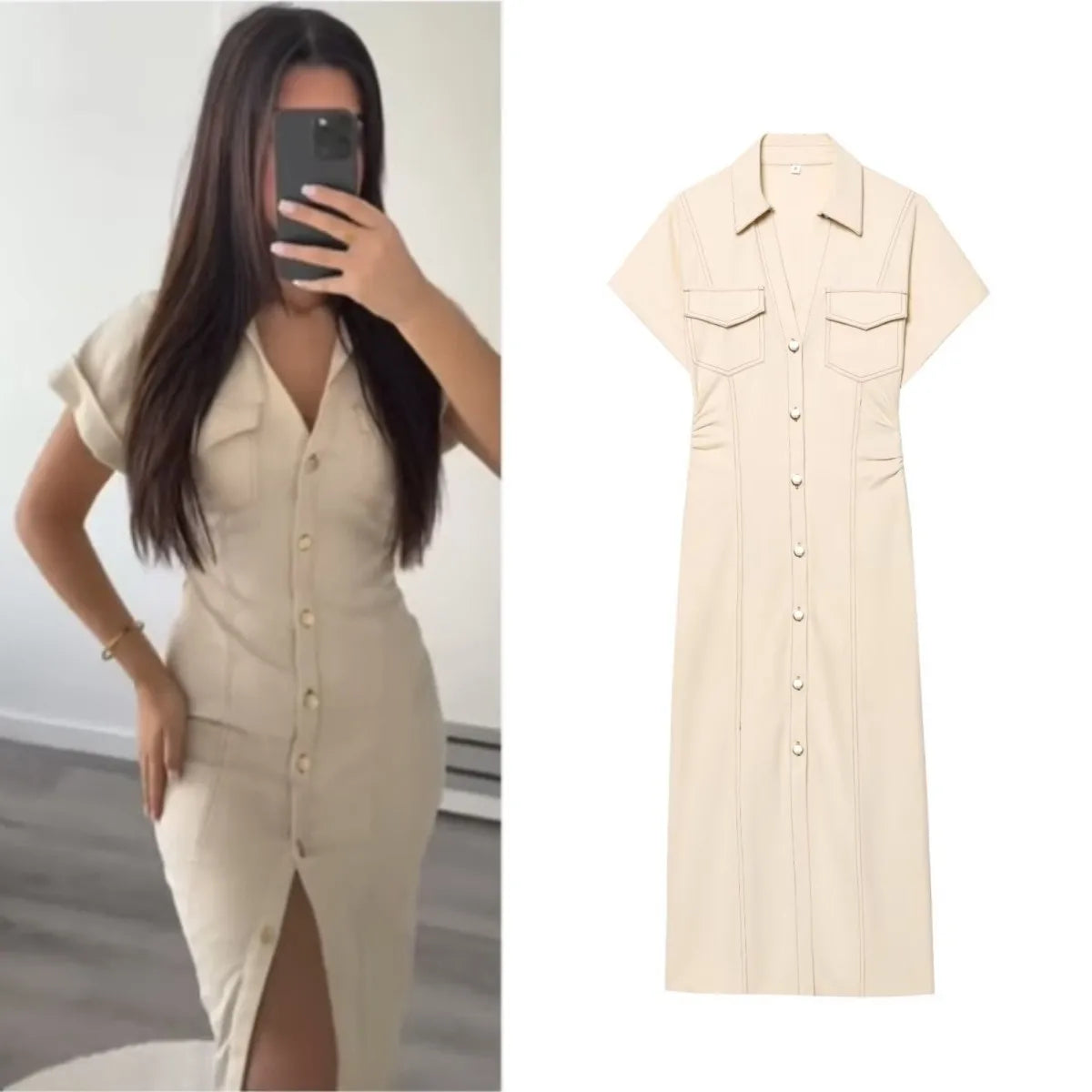 ETJ 2025 Denim MIDI Dress – Slim Fit, Lapel Collar & Side Zipper, Wrinkle-Resistant