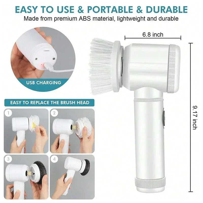 Electric Spin Dish Scrubber – Rechargeable Bathroom Power Cleaning Brush with 5 Replaceable Heads