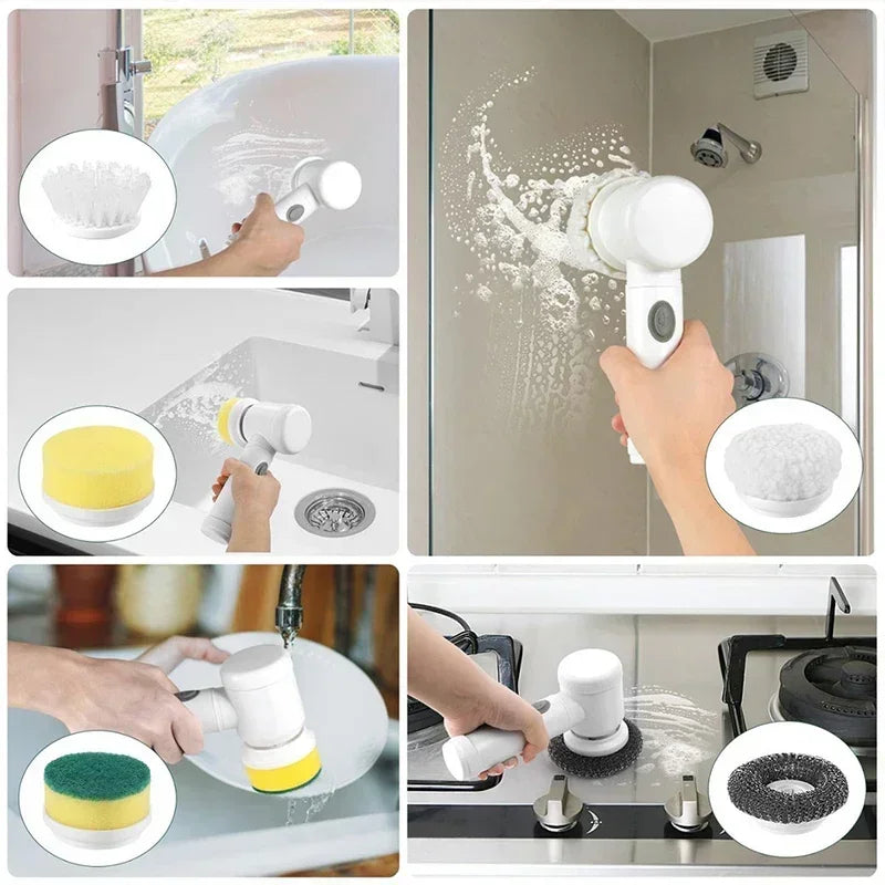 Electric Spin Dish Scrubber – Rechargeable Bathroom Power Cleaning Brush with 5 Replaceable Heads