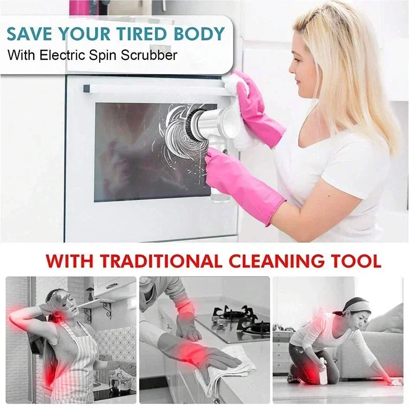 Electric Spin Dish Scrubber – Rechargeable Bathroom Power Cleaning Brush with 5 Replaceable Heads