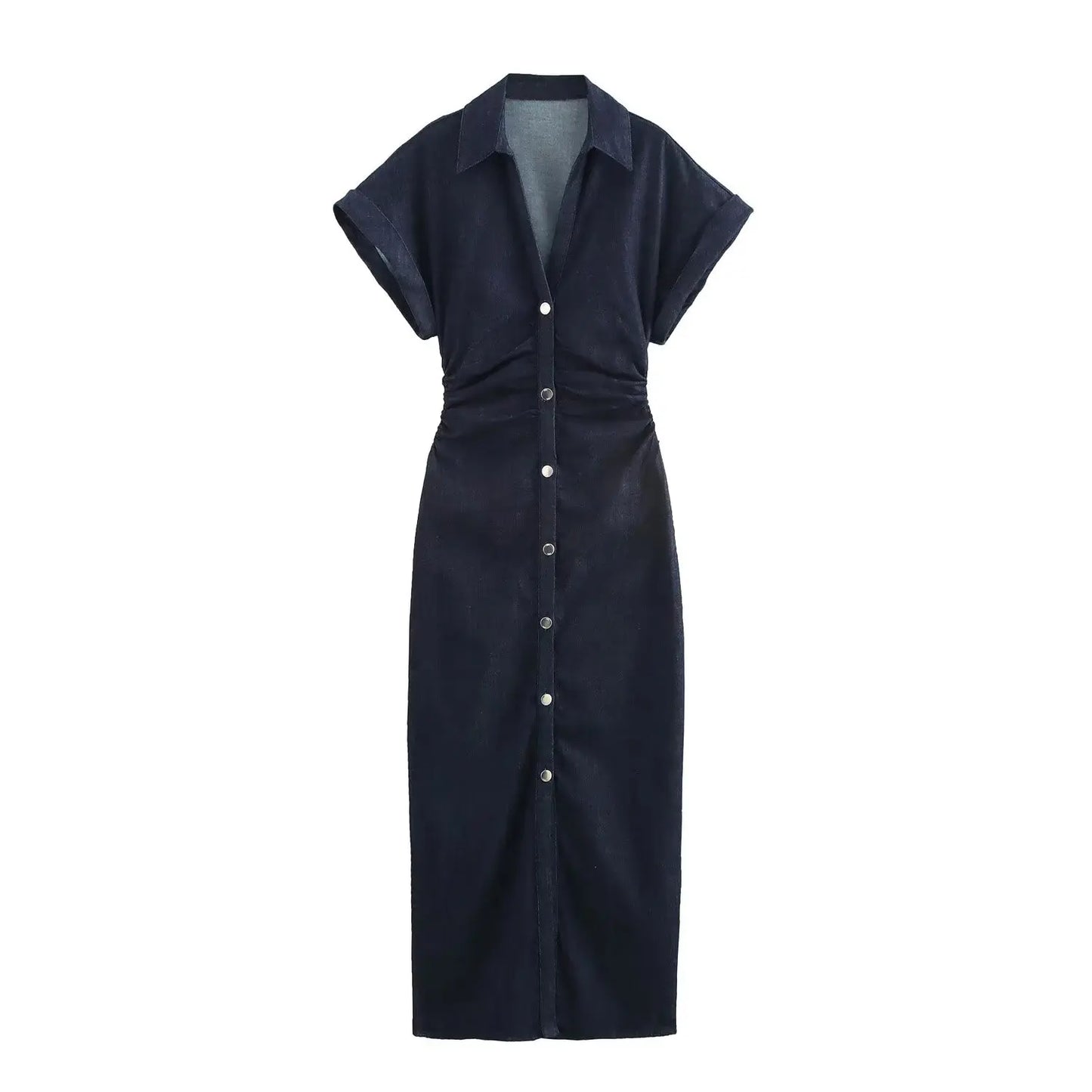 ETJ 2025 Denim MIDI Dress – Slim Fit, Lapel Collar & Side Zipper, Wrinkle-Resistant