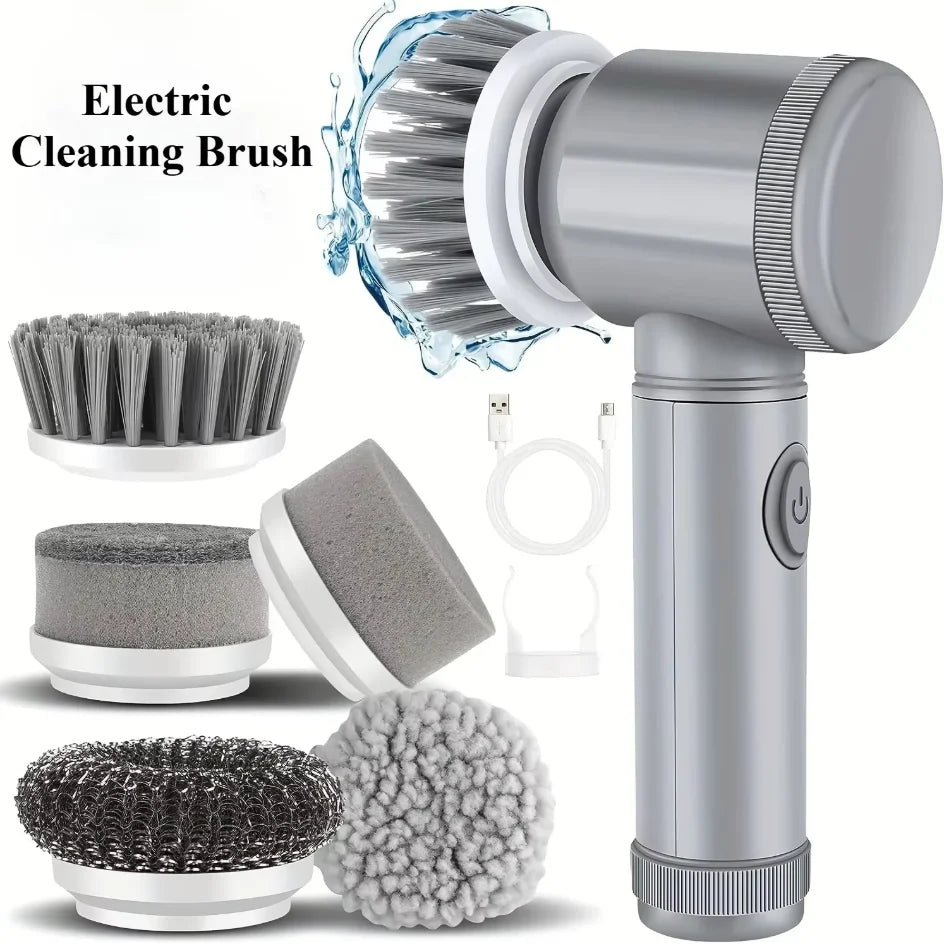 Electric Spin Dish Scrubber – Rechargeable Bathroom Power Cleaning Brush with 5 Replaceable Heads