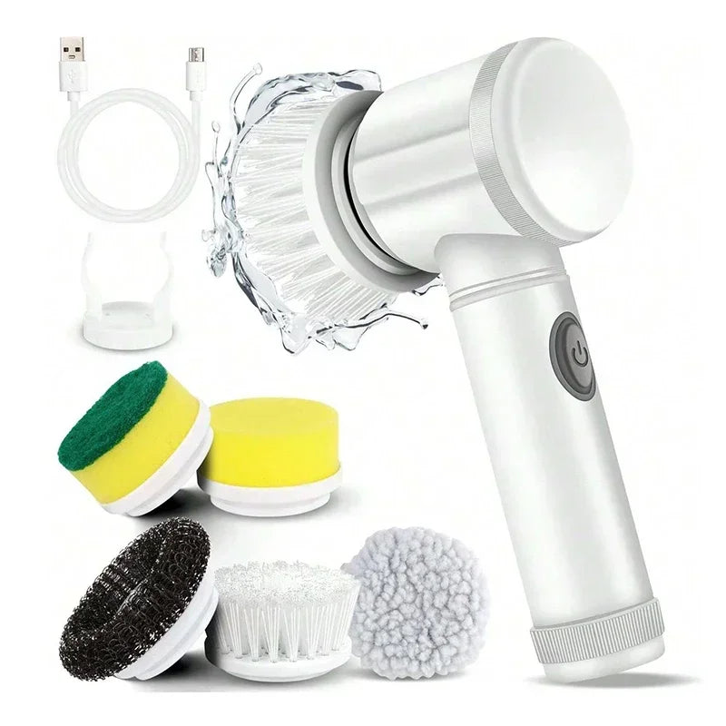 Electric Spin Dish Scrubber – Rechargeable Bathroom Power Cleaning Brush with 5 Replaceable Heads