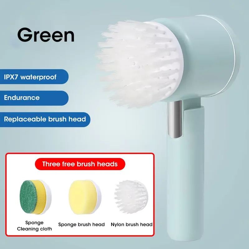 Electric Spin Dish Scrubber – Rechargeable Bathroom Power Cleaning Brush with 5 Replaceable Heads