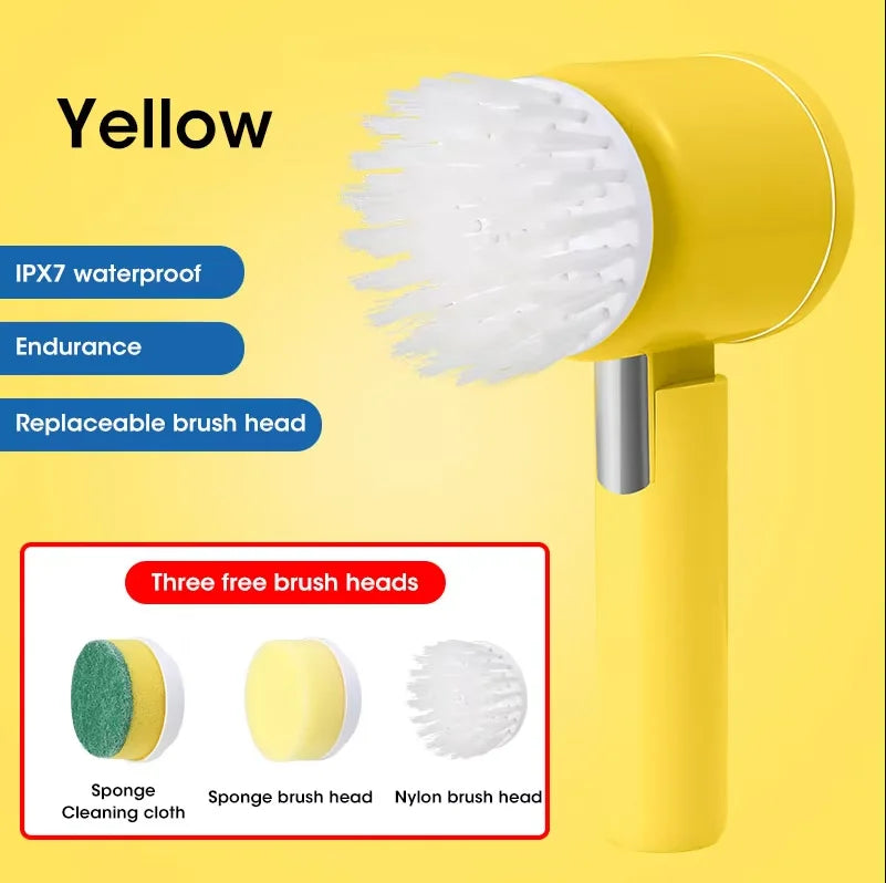 Electric Spin Dish Scrubber – Rechargeable Bathroom Power Cleaning Brush with 5 Replaceable Heads