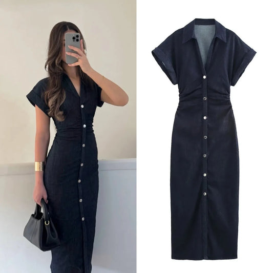 ETJ 2025 Denim MIDI Dress – Slim Fit, Lapel Collar & Side Zipper, Wrinkle-Resistant