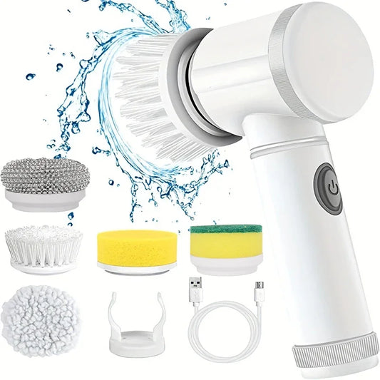 Electric Spin Dish Scrubber – Rechargeable Bathroom Power Cleaning Brush with 5 Replaceable Heads