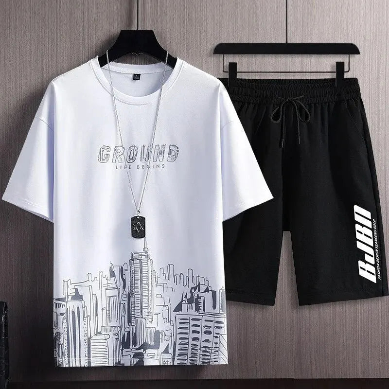 Men’s Summer Casual Sportswear Set – City Print Jogging Sweatshirt & Breathable Quick-Dry Sweatpants