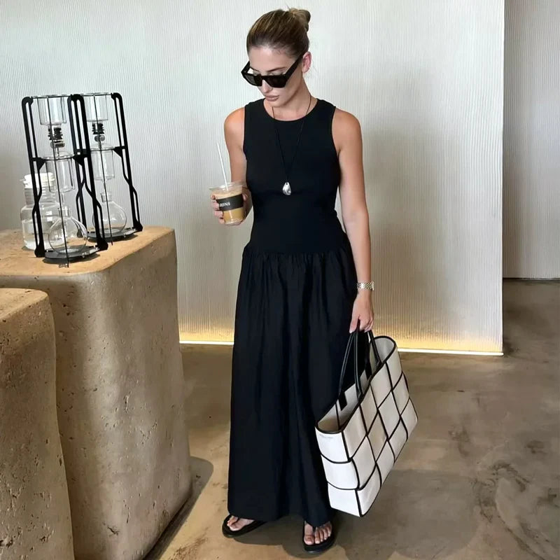 TRAF Khaki & Black Elegant Long Dresses 2025 – Women’s Spring Sleeveless Y2K Casual Party Vestidos