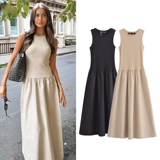 TRAF Khaki & Black Elegant Long Dresses 2025 – Women’s Spring Sleeveless Y2K Casual Party Vestidos
