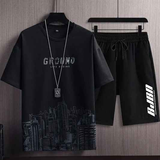 Men’s Summer Casual Sportswear Set – City Print Jogging Sweatshirt & Breathable Quick-Dry Sweatpants