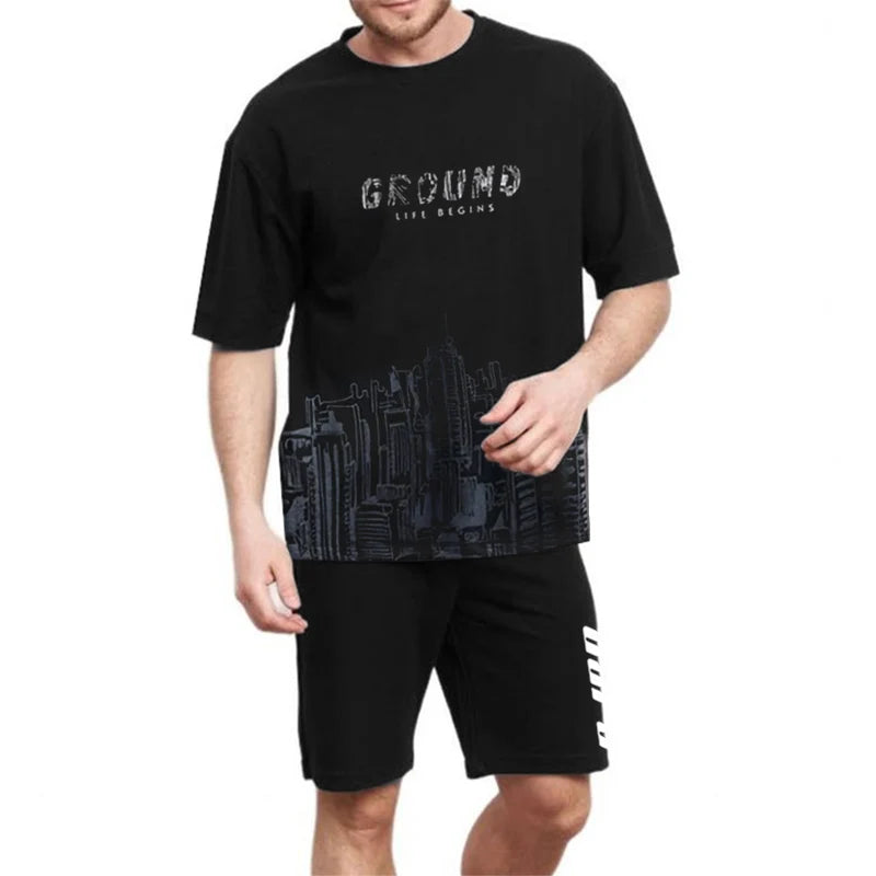 Men’s Summer Casual Sportswear Set – City Print Jogging Sweatshirt & Breathable Quick-Dry Sweatpants